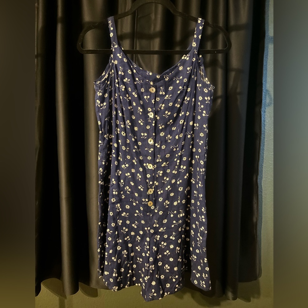 90’s Navy Blue Floral Romper with White Flowers and Cherries Print, Medium
